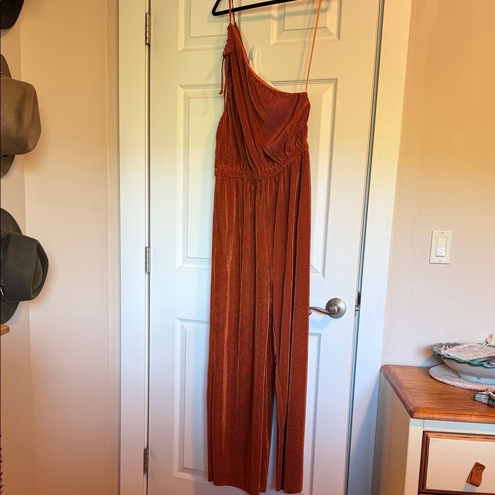 One-Shoulder Ribbed Jumpsuit in Rust